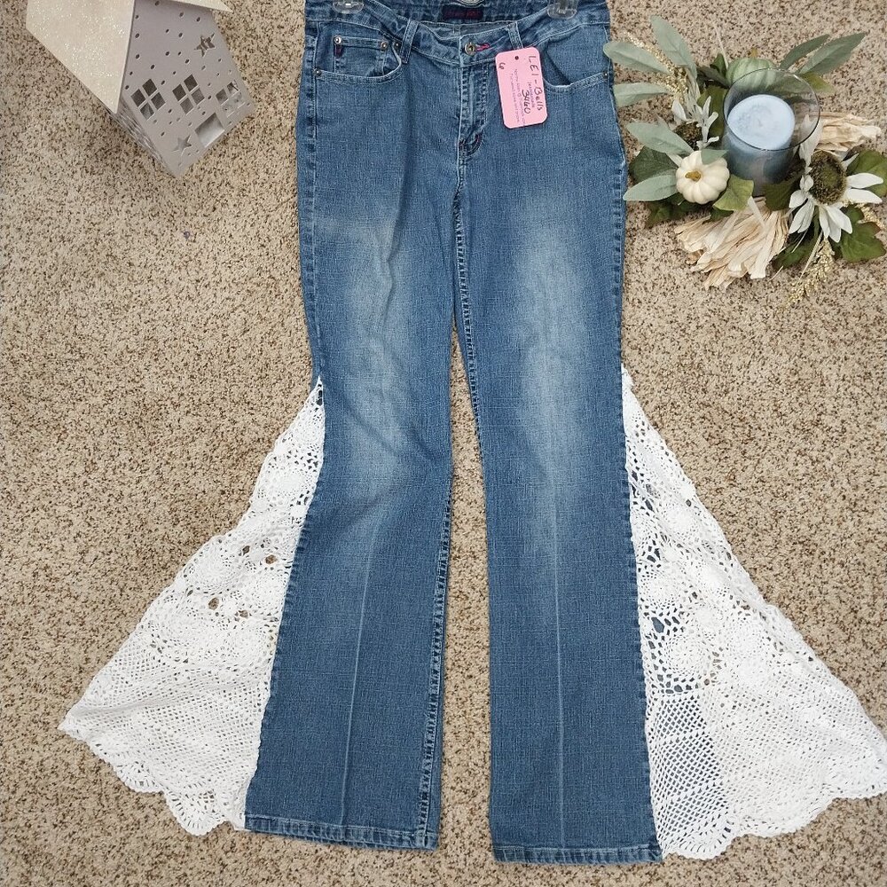 3460 Size 6 Lei Upcycled Bell-Bottoms with White Crochet Bells.